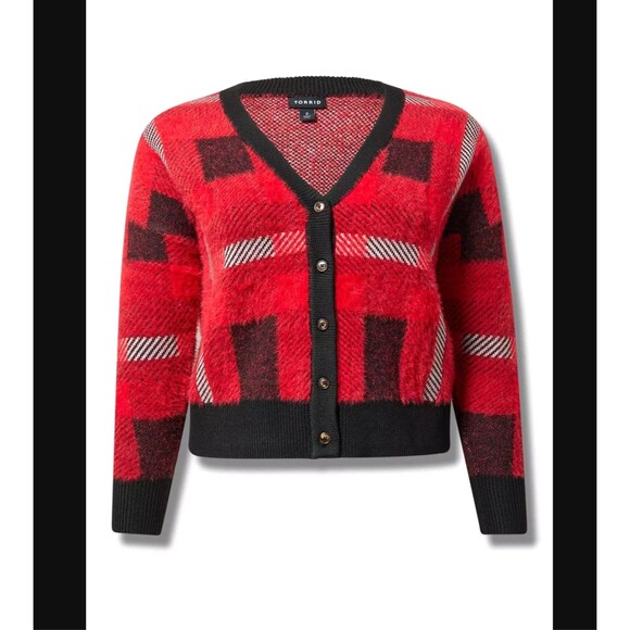 Torrid Cropped Cardigan 3X 22 24 Luxe Plaid Cozy Eyelash Fuzzy Drop Shoulder NWT - Picture 6 of 7